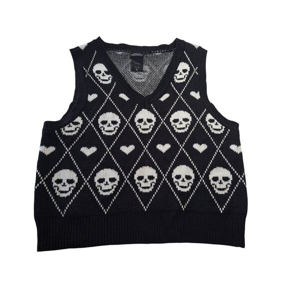 Social Collision Sweaters - Social Collision XL Black White Skull & Heart Argyle Sweater Vest Women's Goth